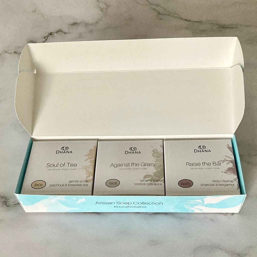 Tea Lover's Soap Collection: three packaged bars of soap in a larger turquoise box