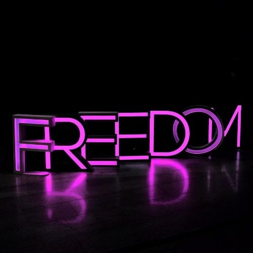 neon pink "freedom" light sign on black background