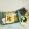 Children's Castor Oil Pack Kit (contains aluminium bottle of oil, instructions, fox protector on top of flannel all in turquoise box on marble background.) Three other packaged oil protectors are to the right of the box, one with an elephant on it, another fox and blue with flowers